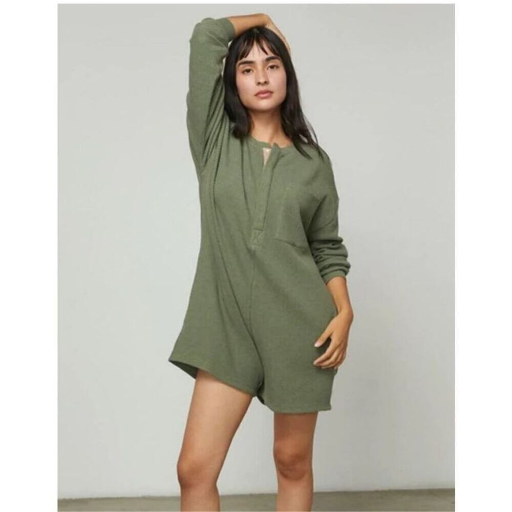 Lunya Womens Green Waffle Knit Pocket Restore Thermal Long Sleeve Romper M New